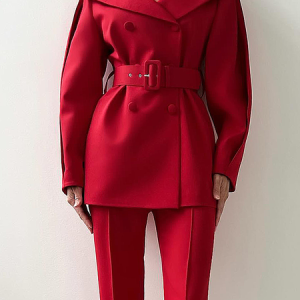 Lapel Collar Long Sleeve Urban Blazer with Belt, Blazers, color:Red|size:XXL, Stylewe