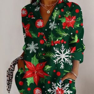 Shirt Collar Holiday Pattern Micro-Elasticity Regular Fit Shirt For Women, Shirts, color:Green|size:5XL, catalog Noracora shop