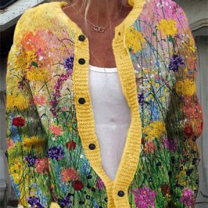 Women 3D Floral Print Long Sleeve Comfy Casual Cardigan, Cardigans, color:Yellow|size:5XL, catalog Noracora shop