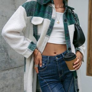 Women's Plaid Zipper Regular Loose Jacket, Coats, color:Green|size:XL, catalog Noracora shop