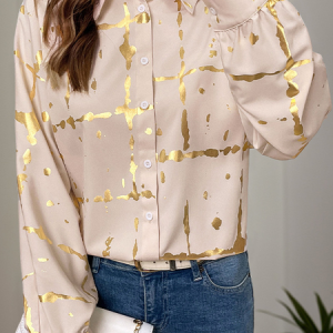 Shirt Collar Long Sleeve Abstract Regular Loose Shirt For Women, Shirts, color:Khaki|size:XL, catalog Noracora shop