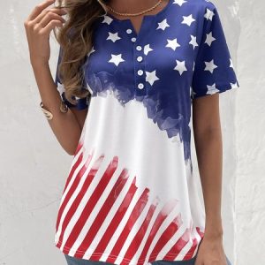 Casual Buckle Independence Day Jersey Shirt, Blouses, color:Blue|size:XXL, catalog Noracora shop