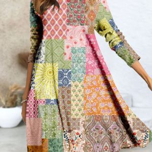 Women Floral Mock Neck Long Sleeve Comfy Casual Midi Dress, Dresses, color:Multicolor|size:4XL, catalog Noracora shop