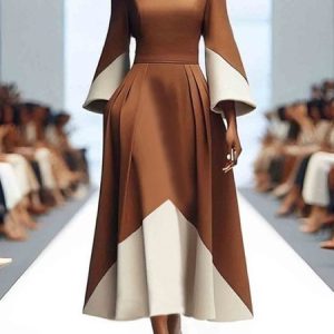 Elegant Color Block Crew Neck Maxi Dress, Maxi Dresses, color:Khaki|size:XXL, Stylewe