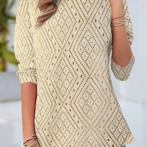 Casual Ethnic Geometry Crew Neck Long Sleeve T-shirt, T-shirts, color:Apricot|size:XXL, catalog Noracora shop