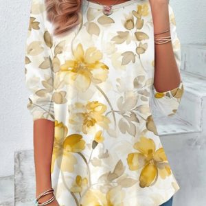 Casual Floral Print Crew Neck Long Sleeve T-shirt, Blouses, color:Yellow|size:XXL, catalog Noracora shop