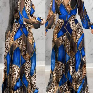 Leopard Print Lantern Sleeve Sheer V-Neck Sheer Mesh Maxi Dress Elegant Evening Dress, women Print Dresses, ChicMe catalog