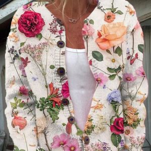 Women Floral Long Sleeve Comfy Casual Buckle Cardigan, Cardigans, color:White|size:3XL, catalog Noracora shop
