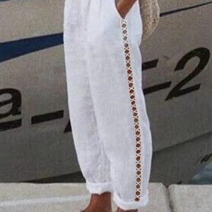 Casual Plain Loose Lace Edge Pants, Pants, color:White|size:XXL, catalog Noracora shop