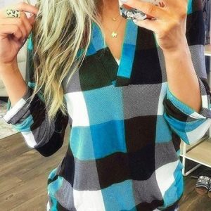 V Neck Long Sleeve Plaid Regular Micro-Elasticity Loose TUNIC Blouse For Women, Blouses, color:Sky Blue|size:5XL, catalog Noracora shop