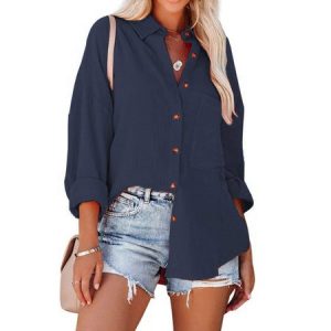 Shirt Collar Long Sleeve Plain Regular Loose Shirt For Women, Shirts, color:Purplish blue|size:3XL, catalog Noracora shop