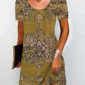 Women's Short Sleeve Summer Ethnic Jersey Dress Crew Neck Vacation Going Out Casual Mini H-Line TUNIC, JustFashionNow Dresses, color:Yellow|size:XXL,