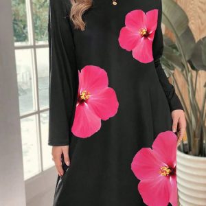 Women Floral Crew Neck Long Sleeve Comfy Casual Midi Dress, Dresses, color:Black|size:XL, catalog Noracora shop