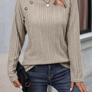 Crew Neck Long Sleeve Plain Regular Micro-Elasticity Loose Blouse For Women, Blouses, color:Khaki|size:XXL, catalog Noracora shop
