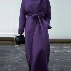 Plain Urban Long Sleeve Stand Collar Coat With Belt, Coats, color:Purple|size:XXL, Stylewe
