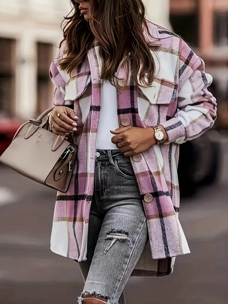 Women's Autumn Outerwear Casual Plaid Long Sleeve Shirt Collar Jacket, JustFashionNow Jackets, color:Pink|size:XXL,