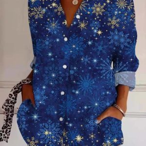 Shirt Collar Long Sleeve Geometric Lightweight Regular Fit Shirt For Women, Shirts, color:Blue|size:XXL, catalog Noracora shop