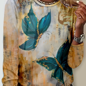 Casual Butterfly Crew Neck Long Sleeve T-shirt, T-shirts, color:Khaki|size:4XL, catalog Noracora shop