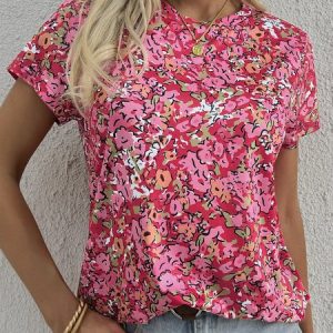 Floral Casual Crew Neck Short Sleeve T-Shirt, T-shirts, color:Pink|size:XXL, catalog Noracora shop