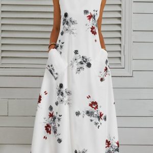 Sleeveless Casual Shift Floral Weaving Dress, Midi, color:White|size:3XL, catalog Noracora shop