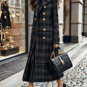 Urban Plaid Buttoned Lapel Collar Coat, Coats, color:As Picture|size:XXL, Stylewe