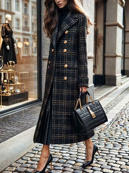 Urban Plaid Buttoned Lapel Collar Coat, Coats, color:As Picture|size:XXL, Stylewe