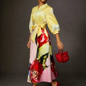 Elegant Satin Floral Pocket Dress With Belt, Midi Dresses, color:As Picture|size:XXL, Stylewe