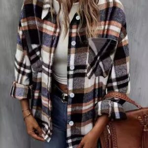 Women's Plaid Buckle Regular Loose Jacket, Outerwear, color:Navyblue|size:XXL, catalog Noracora shop