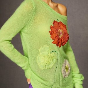 Round Neck Embroidered Floral Loose Sweater, Pullovers, color:Lightgreen|size:XXL, Stylewe