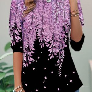 Casual Leaf Crew Neck Long Sleeve T-shirt, T-shirts, color:Purple|size:XXL, catalog Noracora shop