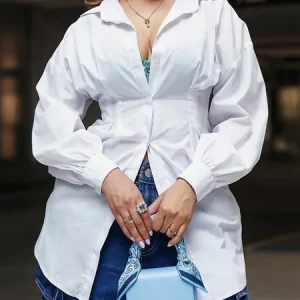 Casual Plain Ruched Shirt Collar Shirt, Blouses and Shirts, color:White|size:XXL, Stylewe