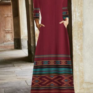Women Ethnic V Neck Long Sleeve Comfy Vintage Pocket Stitching Maxi Dress, Dresses, color:Wine Red|size:XXL, catalog Noracora shop