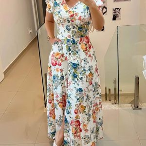 Button Decor Floral Print Scallop Trim V Neck Puff Sleeve Front Slit Maxi Dress Casual Cinched Waist Zipper Back Vacation Dress, women Print Dresses, ChicMe catalog
