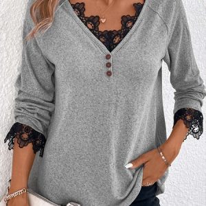 Casual Plain V Neck Long Sleeve T-shirt, T-shirts, color:Gray|size:3XL, catalog Noracora shop