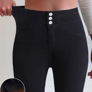 Casual Plain Buckle Fleece High Elasticity Long Leggings, Leggings, color:Black|size:XXL, catalog Noracora shop