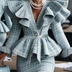 Elegant Cross Neck Tweed Jacket With Belt, Jackets, color:Blue|size:XXL, Stylewe
