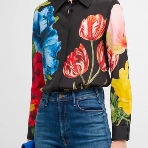 Elegant Floral Print Shirt, Blouses and Shirts, color:Black|size:XXL, Stylewe