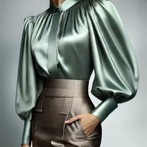 Satin Urban Plain Shirt Collar Shirt, Blouses and Shirts, color:Green|size:XXL, Stylewe