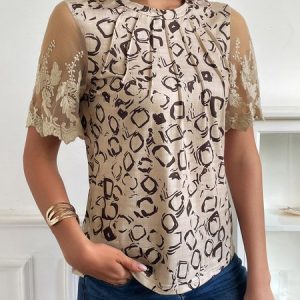 Geometric Lace Short Sleeve Crew Neck Casual Tunic Shirt, Blouses, color:Khaki|size:XXL, catalog Noracora shop