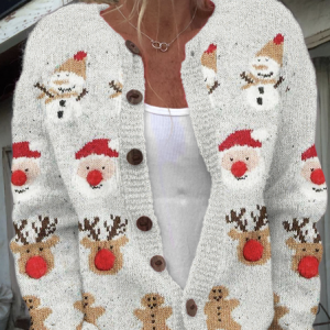 Women Christmas Knitted Floral Long Sleeve Comfy Casual Cardigan, Outerwear, color:White|size:5XL, catalog Noracora shop