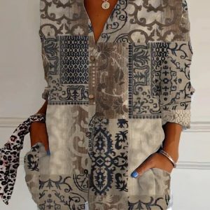 Shirt Collar Long Sleeve Geometric Regular Loose Shirt For Women, Shirts, color:Coffee|size:5XL, catalog Noracora shop