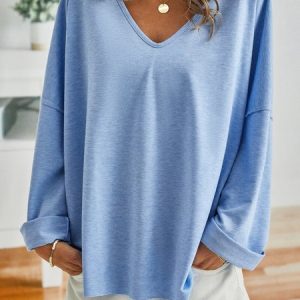 Casual V Neck Cotton-Blend Long Sleeve Tunic T-Shirt, T-shirts, color:Black|size:XXL, catalog Noracora shop