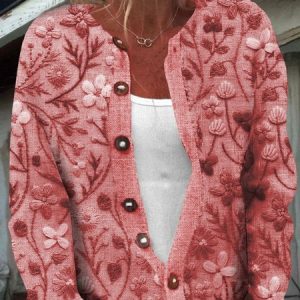 Women Floral Long Sleeve Comfy Casual Buttoned Cardigan, Cardigans, color:Red|size:3XL, catalog Noracora shop