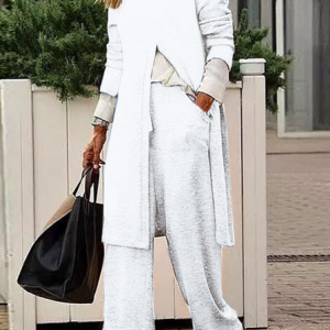 Women Plain Crew Neck Long Sleeve Comfy Casual Top With Pants Two-Piece Set, Sets, color:White|size:5XL, catalog Noracora shop