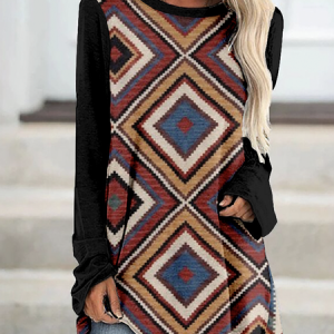 Vintage Color Block Crew Neck Long Sleeve T-shirt, T-shirts, color:Reddish Black|size:4XL, catalog Noracora shop