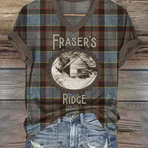 Vintage Plaid V Neck Short Sleeve T-shirt, T-shirts, color:Brown|size:5XL, catalog Noracora shop