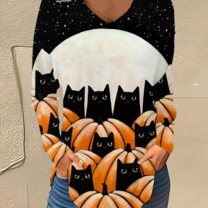 V Neck Long Sleeve Halloween Regular Micro-Elasticity Loose Blouse For Women, Blouses, color:Black|size:XXL, catalog Noracora shop