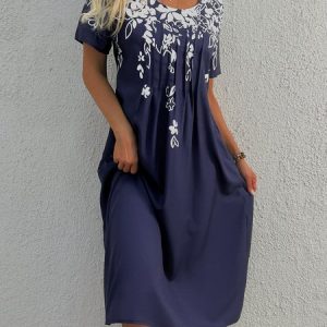 Floral Casual Short Sleeve Pockets A-Line Dress, Midi, color:Dark Blue|size:XXL, catalog Noracora shop