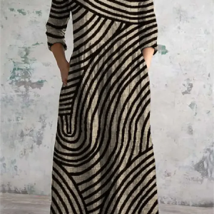 Women Striped V Neck Long Sleeve Comfy Vintage Maxi Dress, Dresses, color:Black|size:XXL, catalog Noracora shop