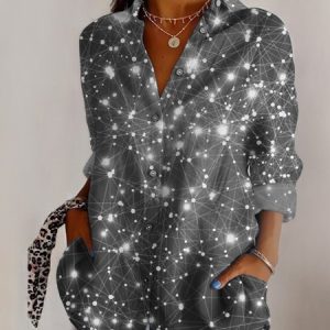 Shirt Collar Long Sleeve Geometric Regular Micro-Elasticity Regular Fit Shirt For Women, Shirts, color:Gray|size:5XL, catalog Noracora shop